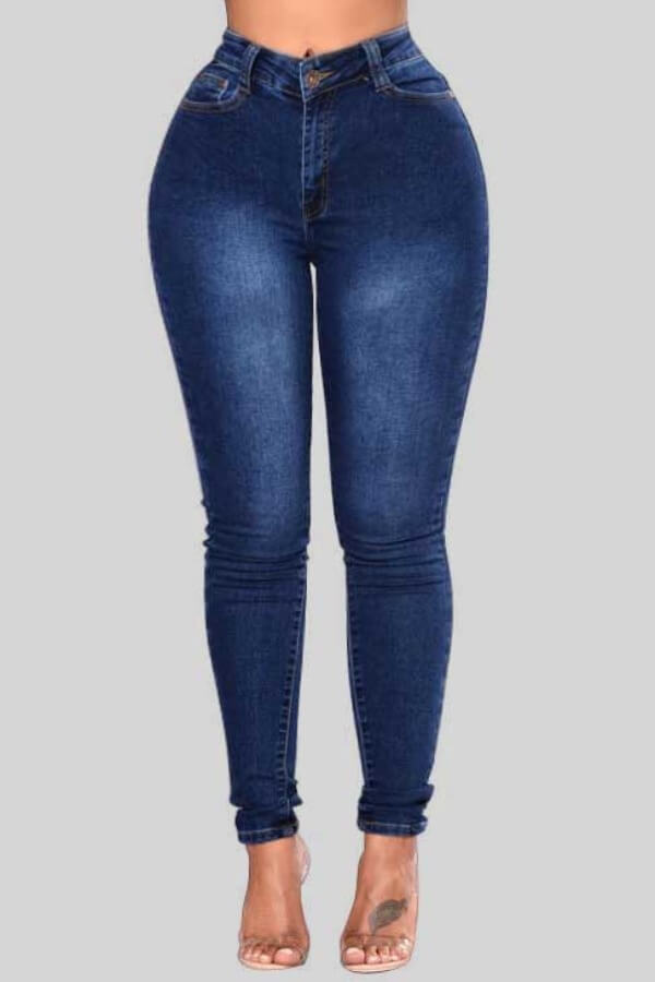 

Lovely Casual Buttons Design Deep Blue Plus Size Jeans