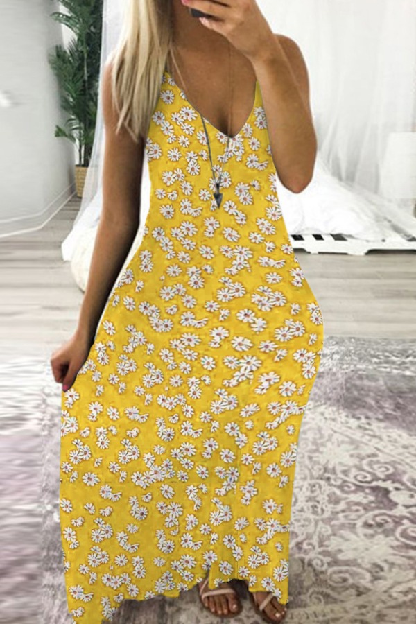 

Lovely Bohemian V Neck Floral Print Yellow Ankle Length Plus Size Dress