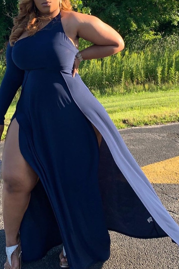 Lovely Stylish Side High Slit Dark Blue Maxi Plus Size Dress