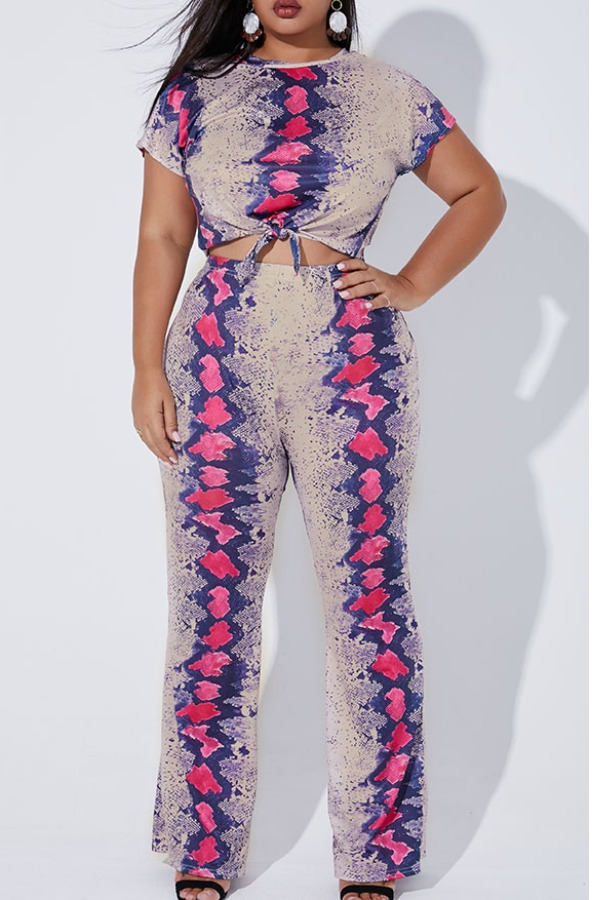 

Lovely Trendy Snakeskin Print Plus Size Two-piece Pants Set, Cobra
