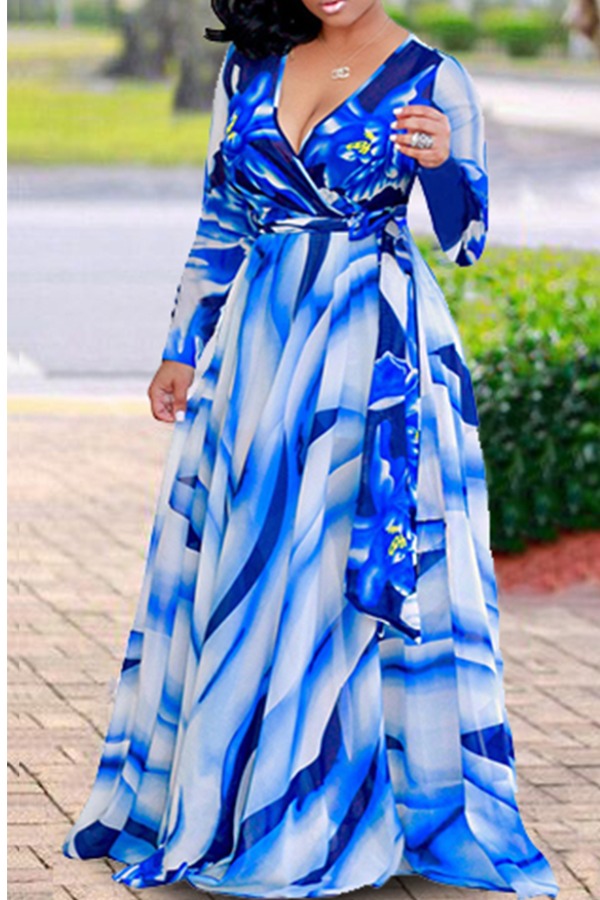 

Lovely Trendy Print Blue Maxi Plus Size Dress