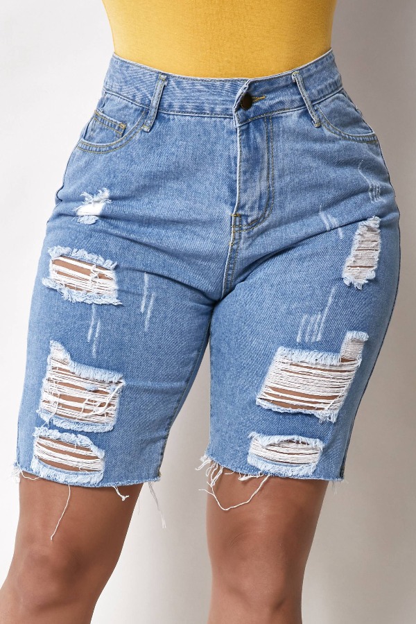 

Lovely Casual Broken Holes Blue Shorts