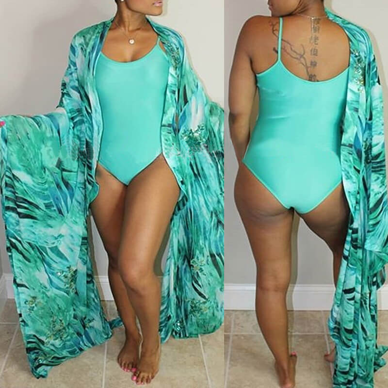 

Lovely Plus Size Print Green One-piece Swimsuit(With Cover-up)