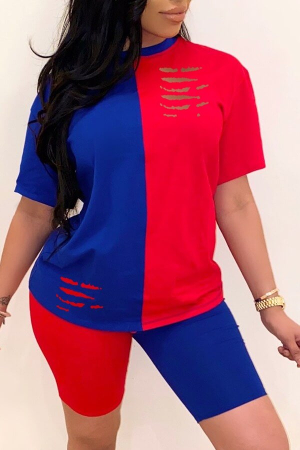 

Lovely Casual Patchwork Blue Two-piece Shorts Set