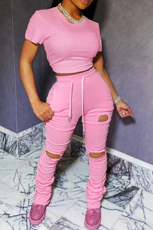 

Lovely Casual Hollow-out Pink Two-piece Pants Set