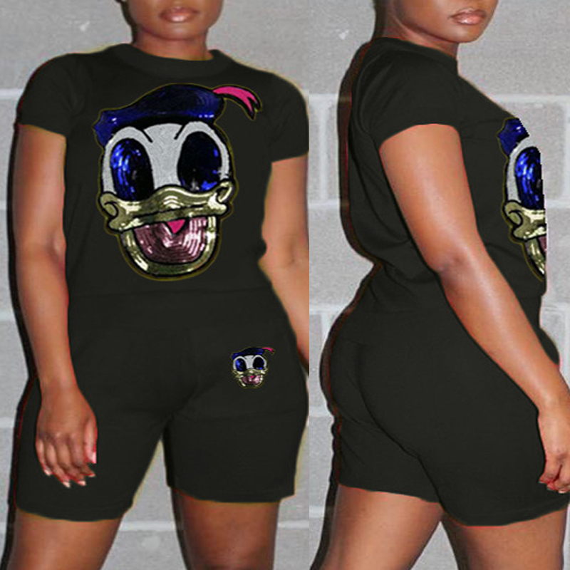

Lovely Trendy Cartoon Black Plus Size Two-piece Shorts Set