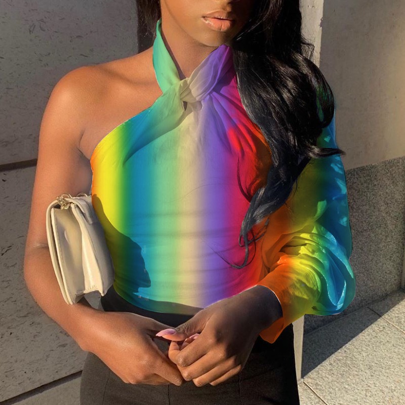 

Lovely Trendy One Shoulder Rainbow Striped Multicolor Blouse, Multi