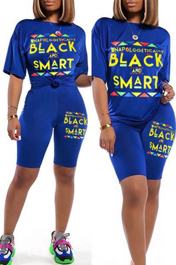 

Lovely Casual Letter Print Blue Two-piece Shorts Set