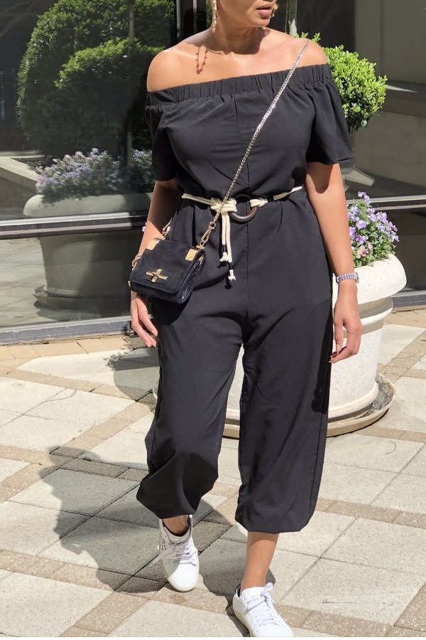 

Lovely Casual Fold Design Black One-piece Jumpsuit(With Belt