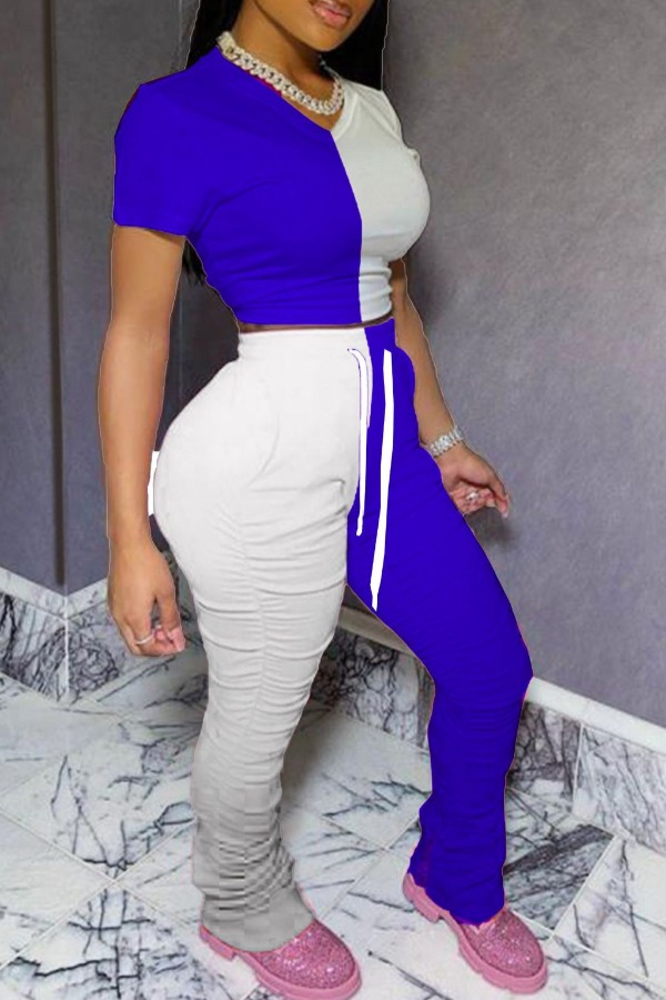 

Lovely Casual Patchwork Blue Two-piece Pants Set