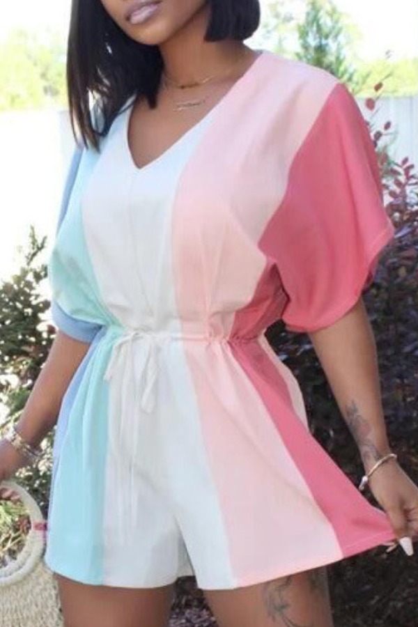 

Lovely Trendy Color-lump Patchwork Pink One-piece Romper