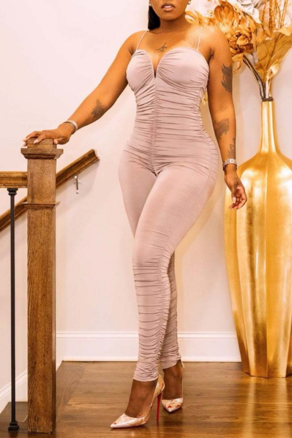 

Lovely Sexy Fold Design Apricot One-piece Jumpsuit