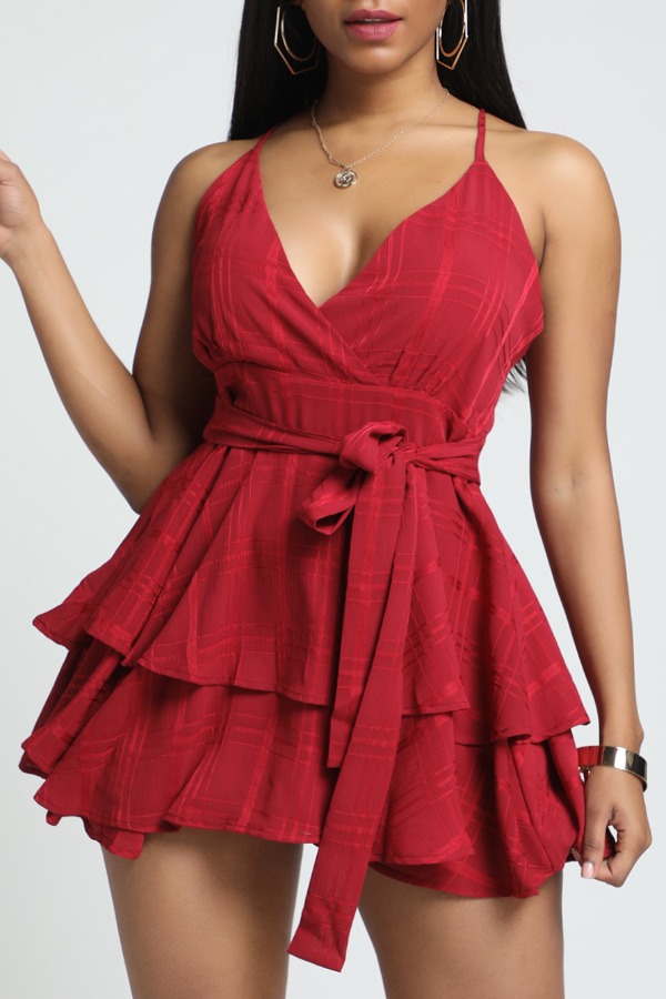 

Lovely Trendy Flounce Design Red One-piece Romper