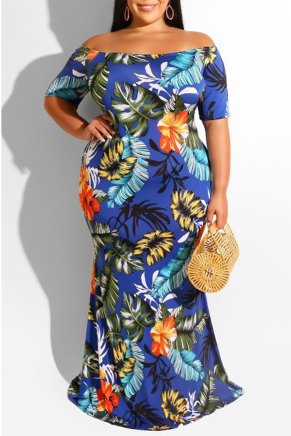 

Lovely Stylish Plants Print Blue Maxi Plus Size Dress