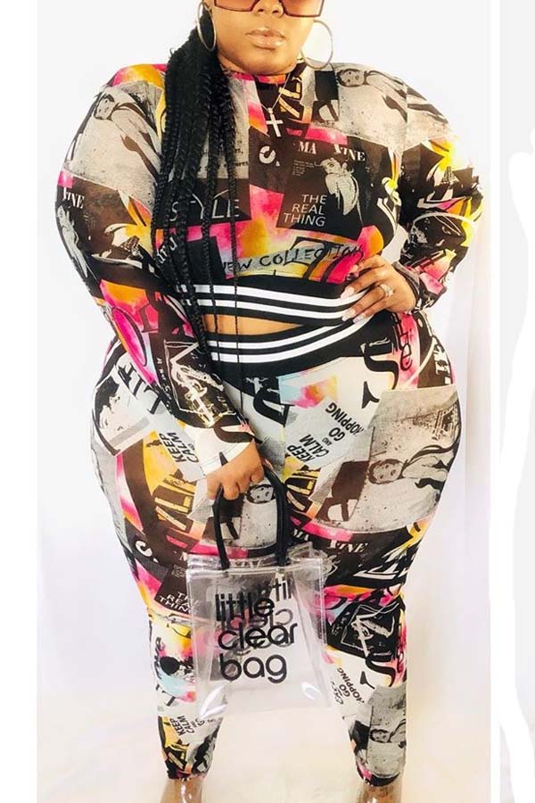 

Lovely Trendy Print Multicolor Plus Size Two-piece Pants Set, Multi