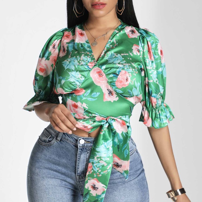 

Lovely Trendy V Neck Print Green Blouse