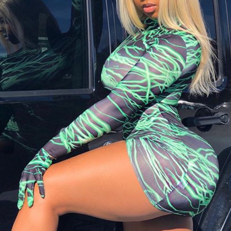 

Lovely Stylish Print Green Mini Plus Size Dress(Without Gloves