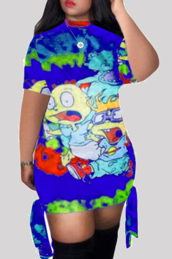 

Lovely Casual Cartoon Print Blue Mini Dress