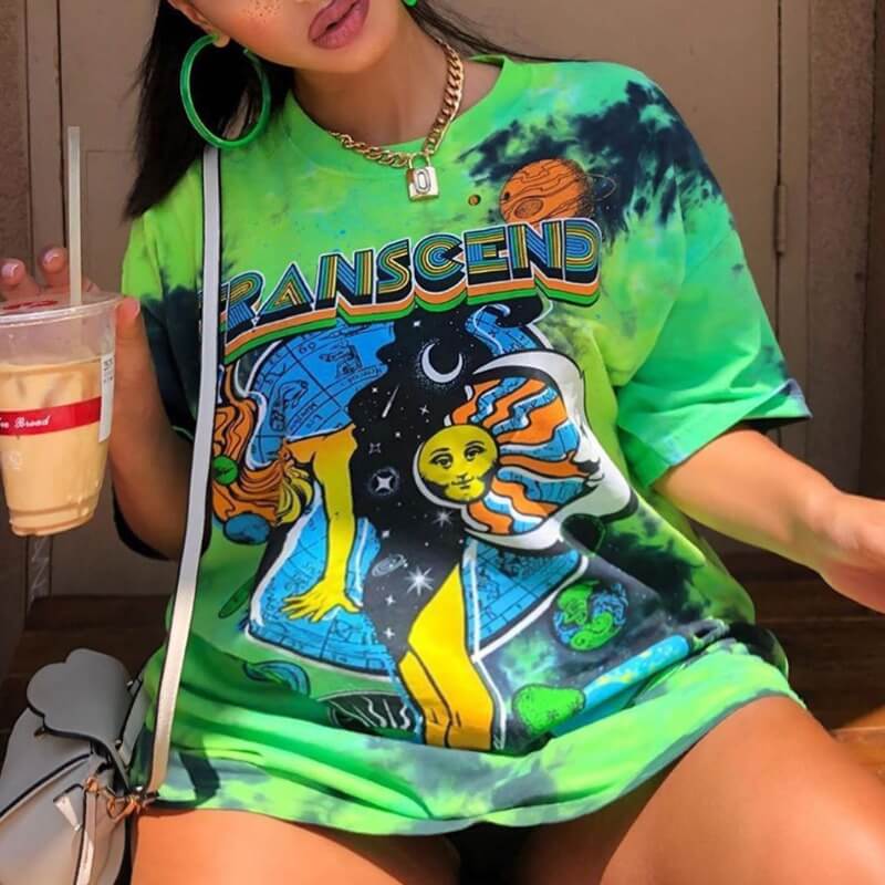 

Lovely Casual O Neck Cartoon Print Green Plus Size T-shirt