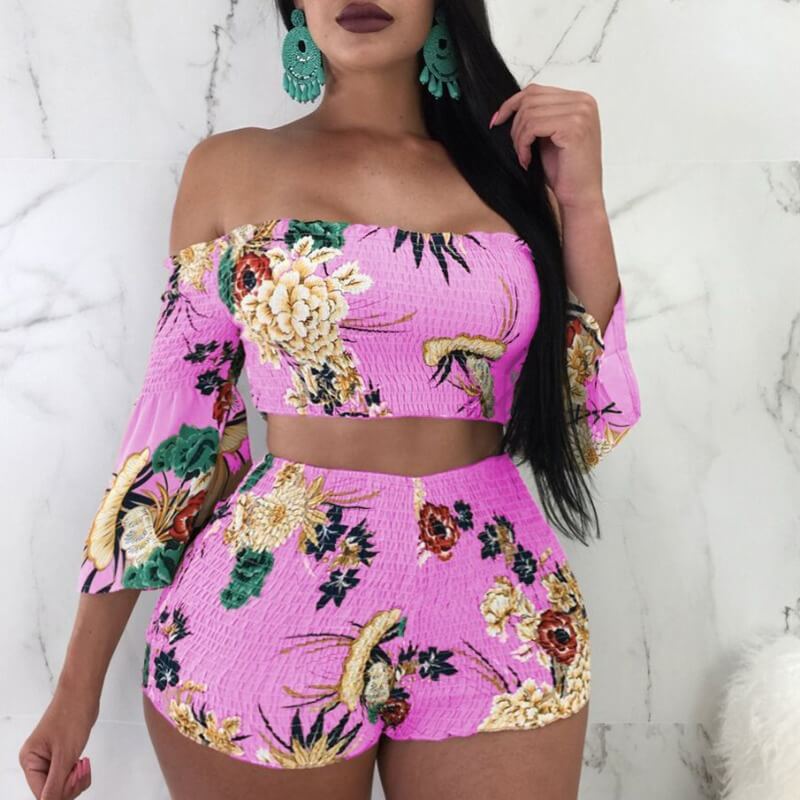 

Lovely Plus Size Trendy Dew Shoulder Print Pink Two-piece Shorts Set