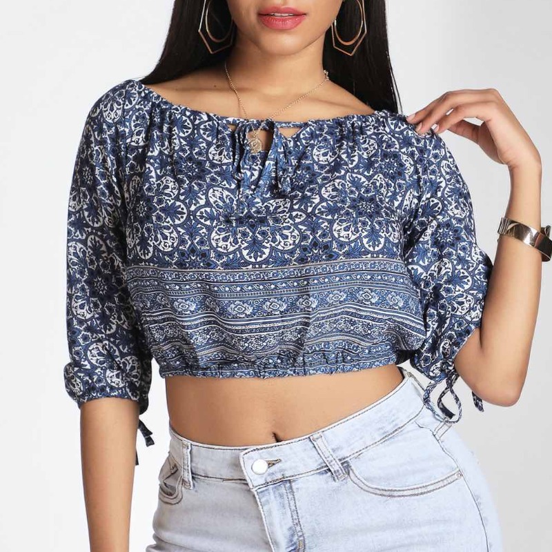

Lovely Trendy Floral Print Blue Blouse