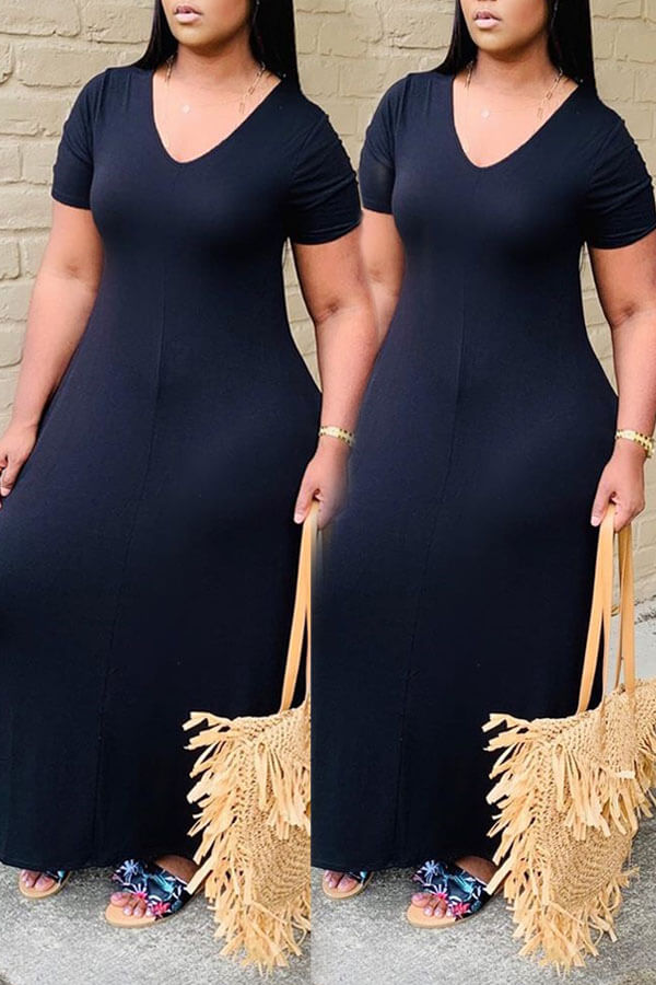 

Lovely Casual V Neck Basic Black Ankle Length Dress