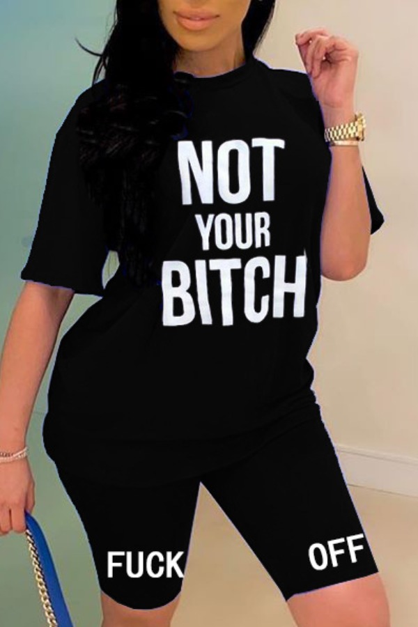 

Lovely Leisure Letter Print Black Two-piece Shorts Set
