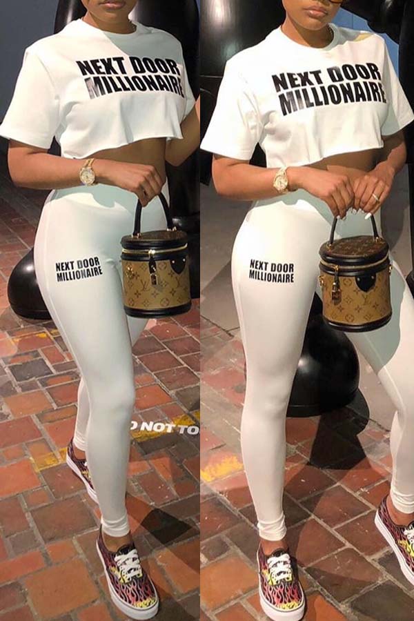 LW Leisure Letter Print White Two-piece Pants Set