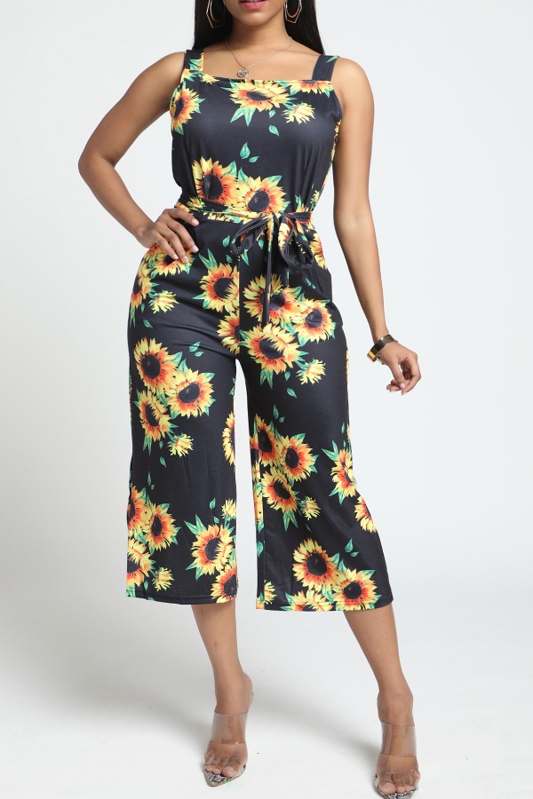 

Lovely Stylish Sunflower Print Yellow One-piece Jumpsuit