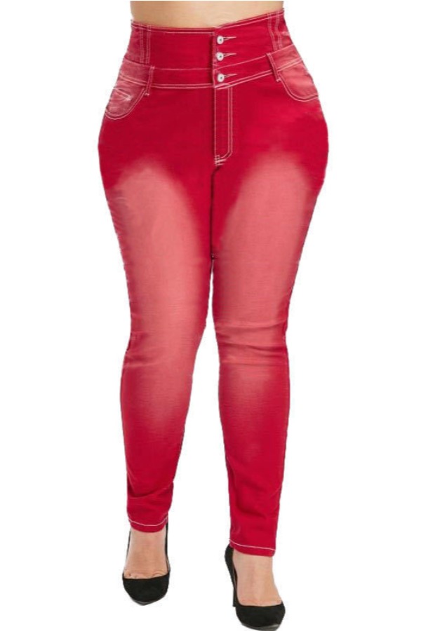 Lovely Casual Buttons Design Red Plus Size Jeans