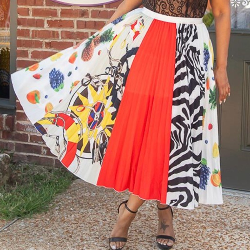 

Lovely Trendy Print Patchwork Multicolor Plus Size Skirt, Multi