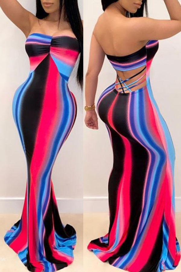 

Lovely Trendy Striped Pink Maxi Plus Size Dress
