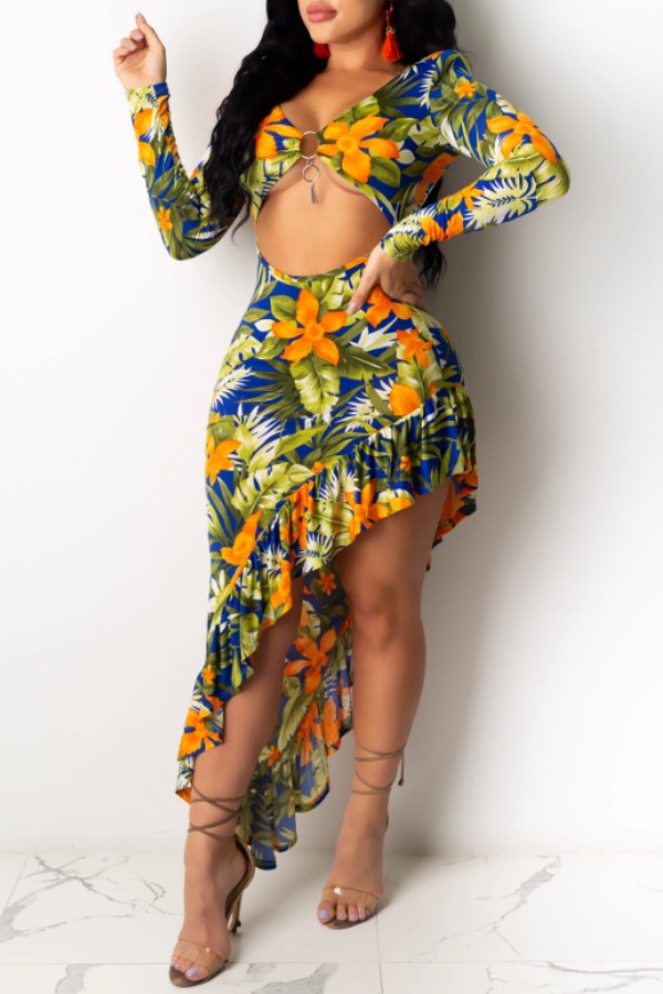 

Lovely Trendy Plants Print Blue Ankle Length Dress