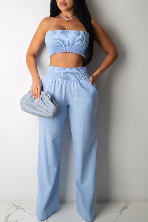 

Lovely Trendy Dew Shoulder Baby Blue Two-piece Pants Set