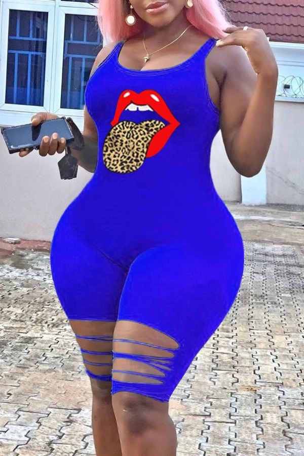 

Lovely Plus Size Stylish Lip Print Blue One-piece Romper