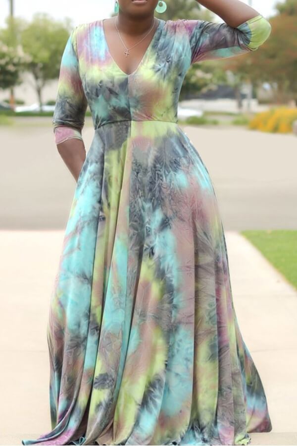 

Lovely Trendy V Neck Tie-dye Multicolor Maxi Plus Size Dress, Multi
