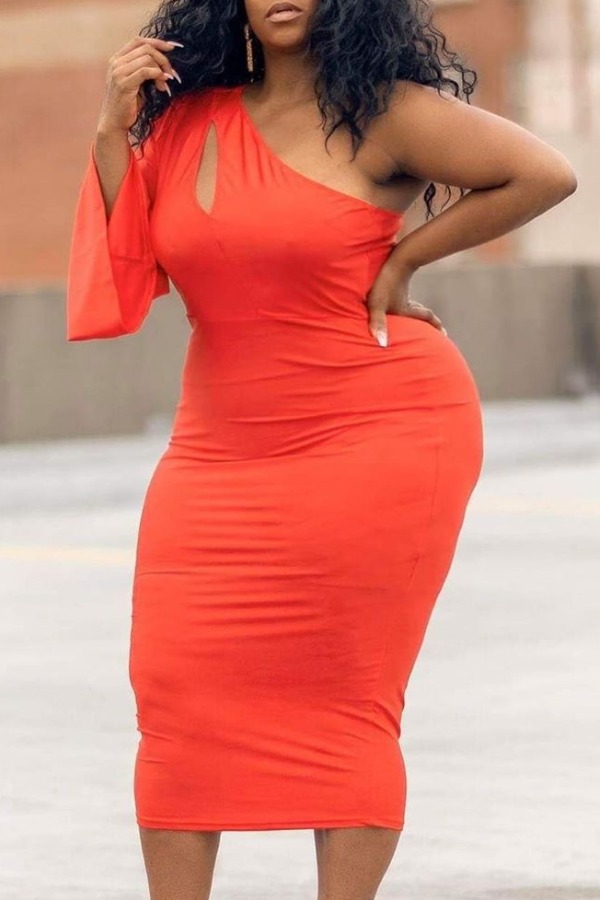 

Lovely Casual One Shoulder Red Mid Calf Plus Size Dress