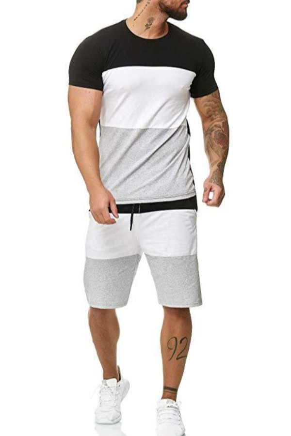 Men Lovely Casual Patchwork Black Two-piece Shorts Set