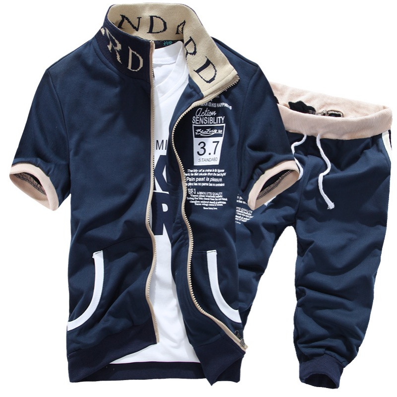 

Lovely Sportswear Zipper Design Navy Blue Two-piece Shorts Set