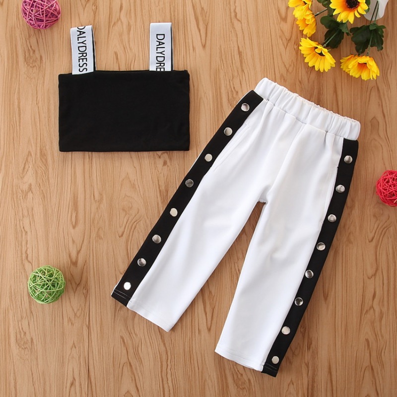 

Lovely Stylish Buttons Design Black And White Girl Two-piece Pants Set