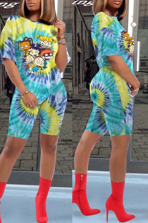 

Lovely Leisure Cartoon Print Blue Two-piece Shorts Set
