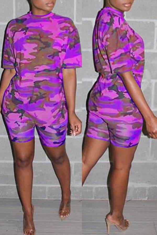 

Lovely Casual Print Purple Two-piece Shorts Set