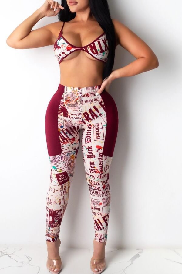 

Lovely Sexy Print Wine Red Two-piece Pants Set