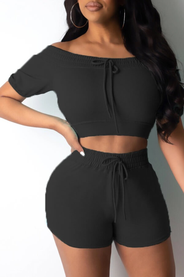 

Lovely Sportswear Lace-up Black Yoga Two-piece Shorts Set