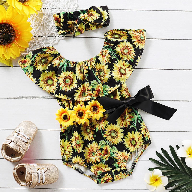 

Lovely Stylish Sunflower Print Black Girl One-piece Romper