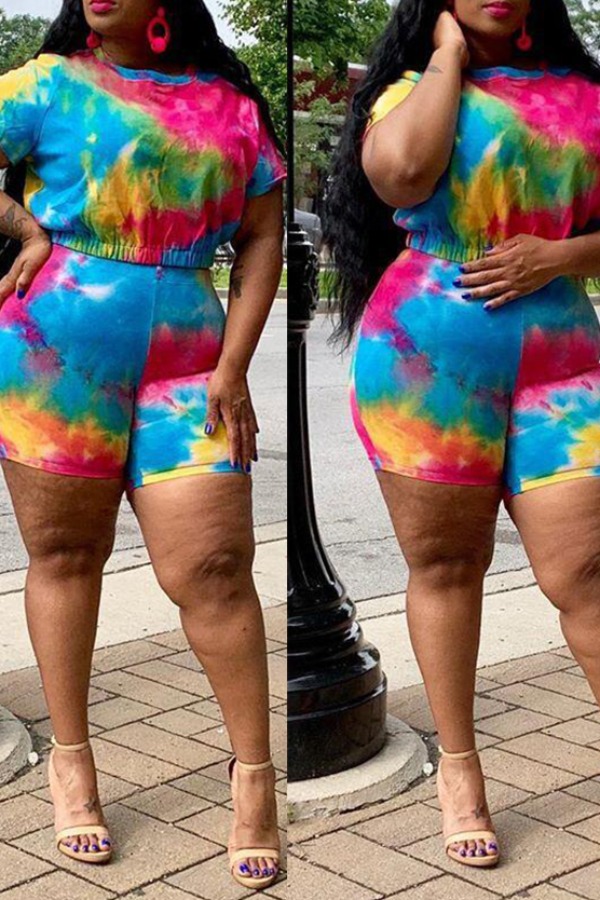 

Lovely Casual Tie-dye Red Plus Size Two-piece Shorts Set