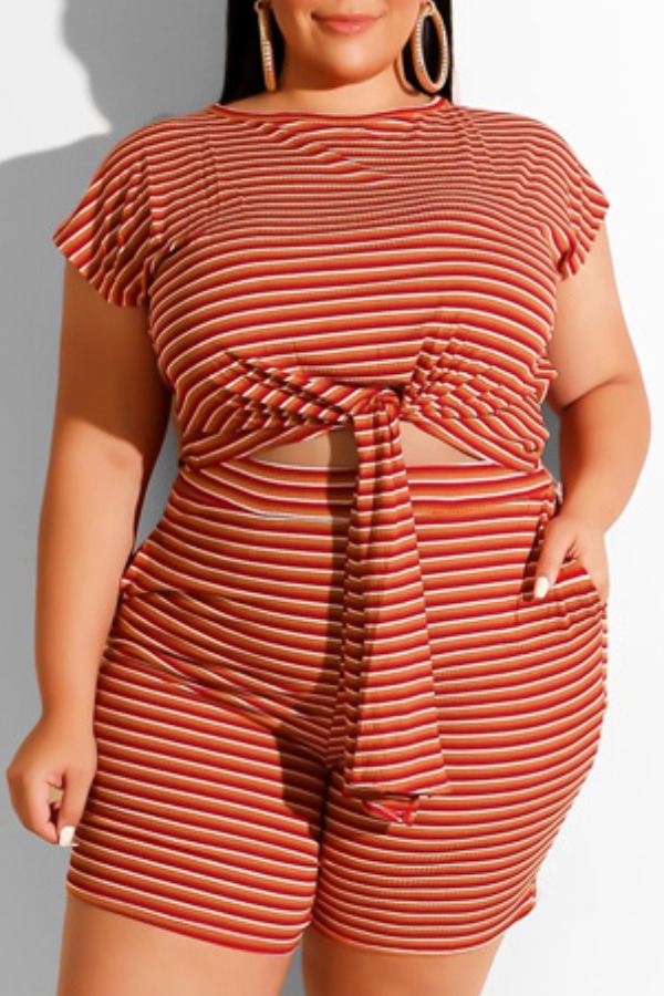 

Lovely Leisure Striped Red Plus Size Two-piece Shorts Set