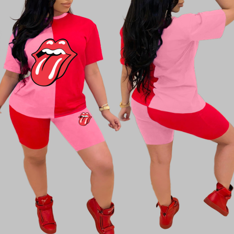

Lovely Casual Lip Print Pink Plus Size Two-piece Shorts Set