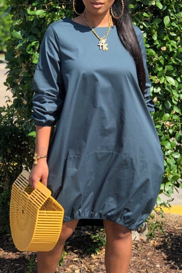 

Lovely Casual O Neck Loose Dark Blue Knee Length Dress