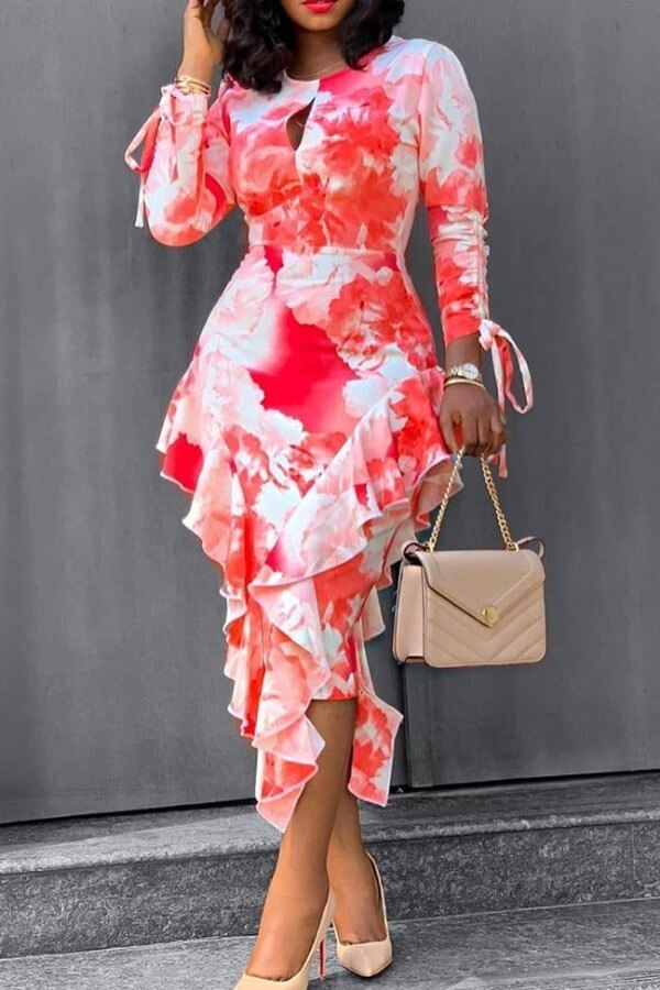 

Lovely Trendy O Neck Print Red Mid Calf Dress